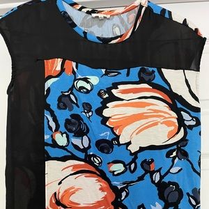 Anthropologie Weston Sleeveless Black Blouse Blue/Orange Floral Overlay SIze S